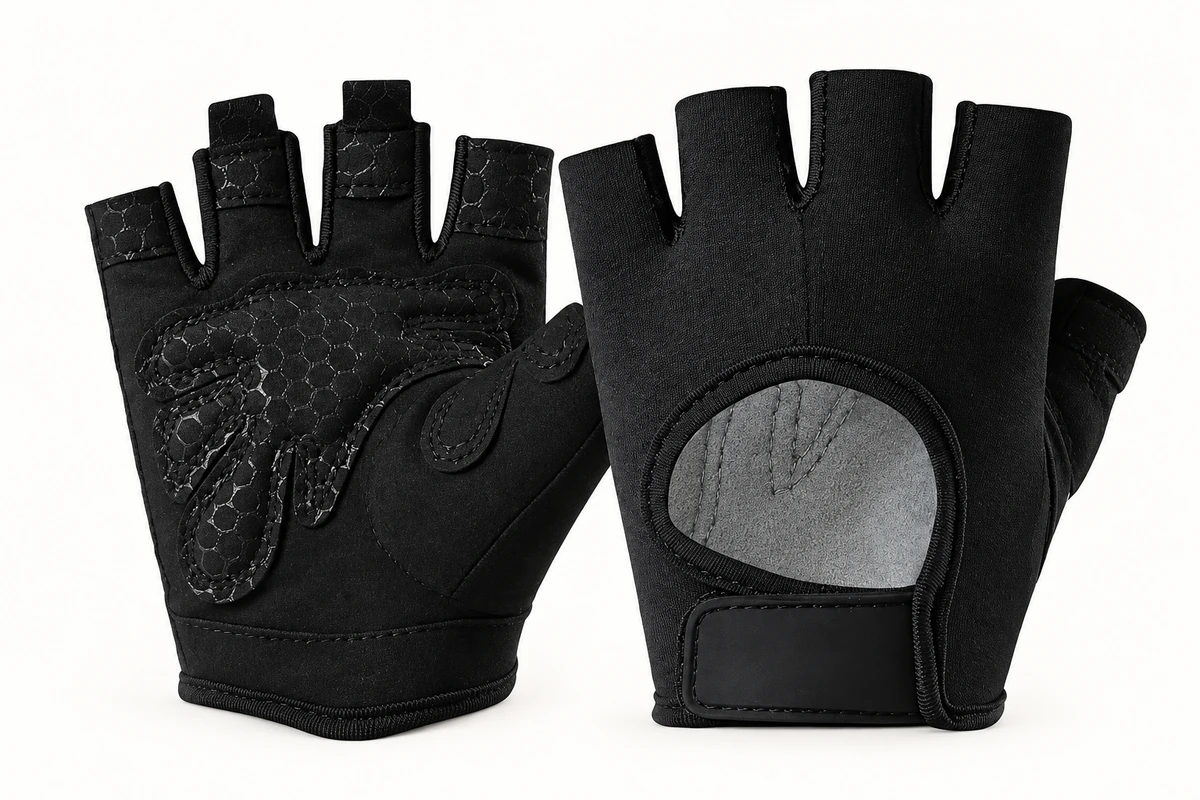 Black half-finger training gloves showing back opening and palm padding