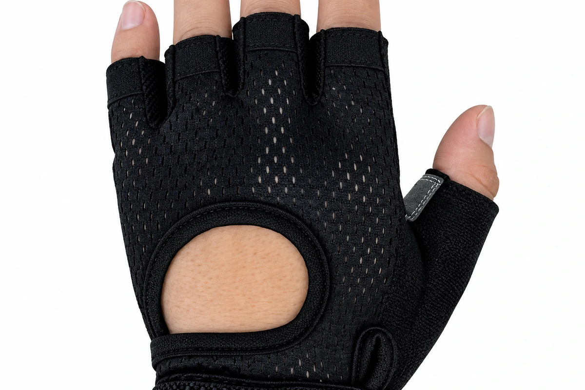 Black mesh on a half-finger glove back with an oval opening