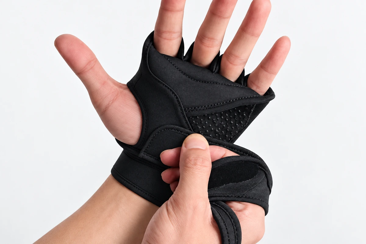 Hand adjusting a black training grip wrist strap