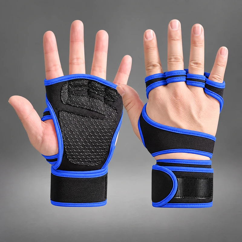 Blue and black training grips worn with wrist wraps
