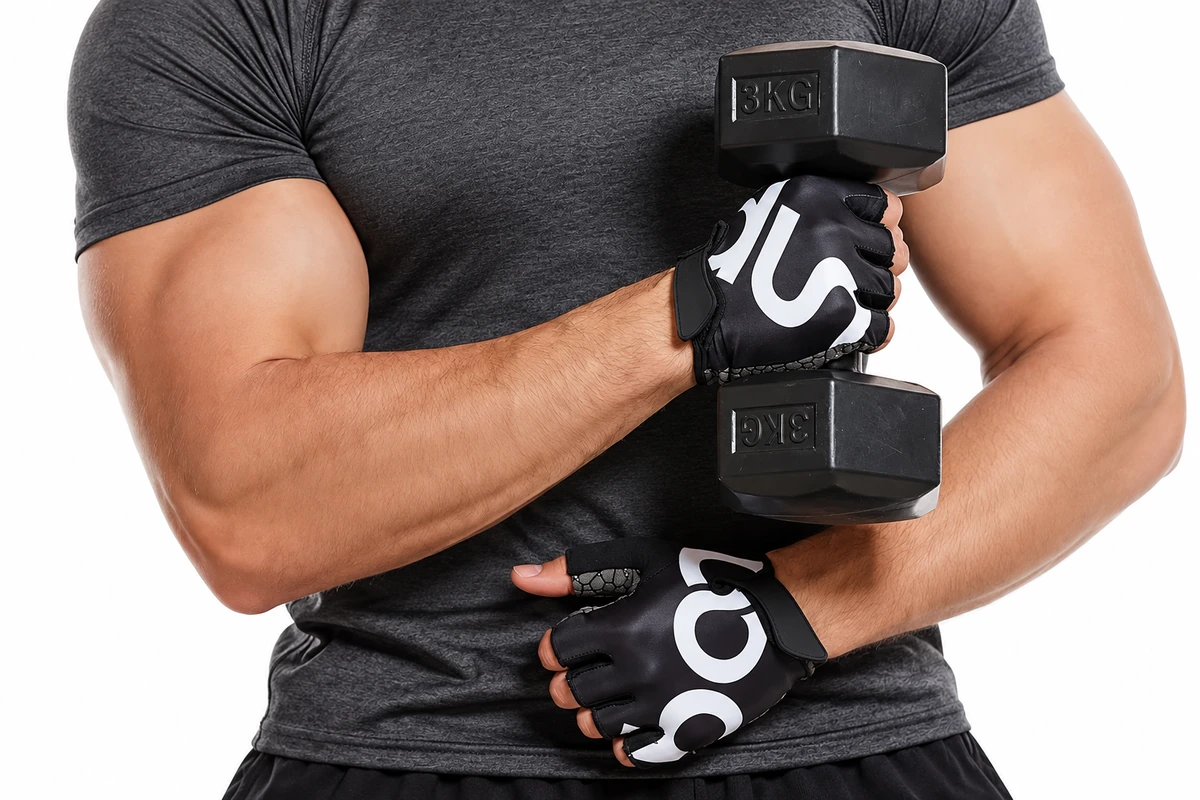 Half-finger training gloves holding dumbbells