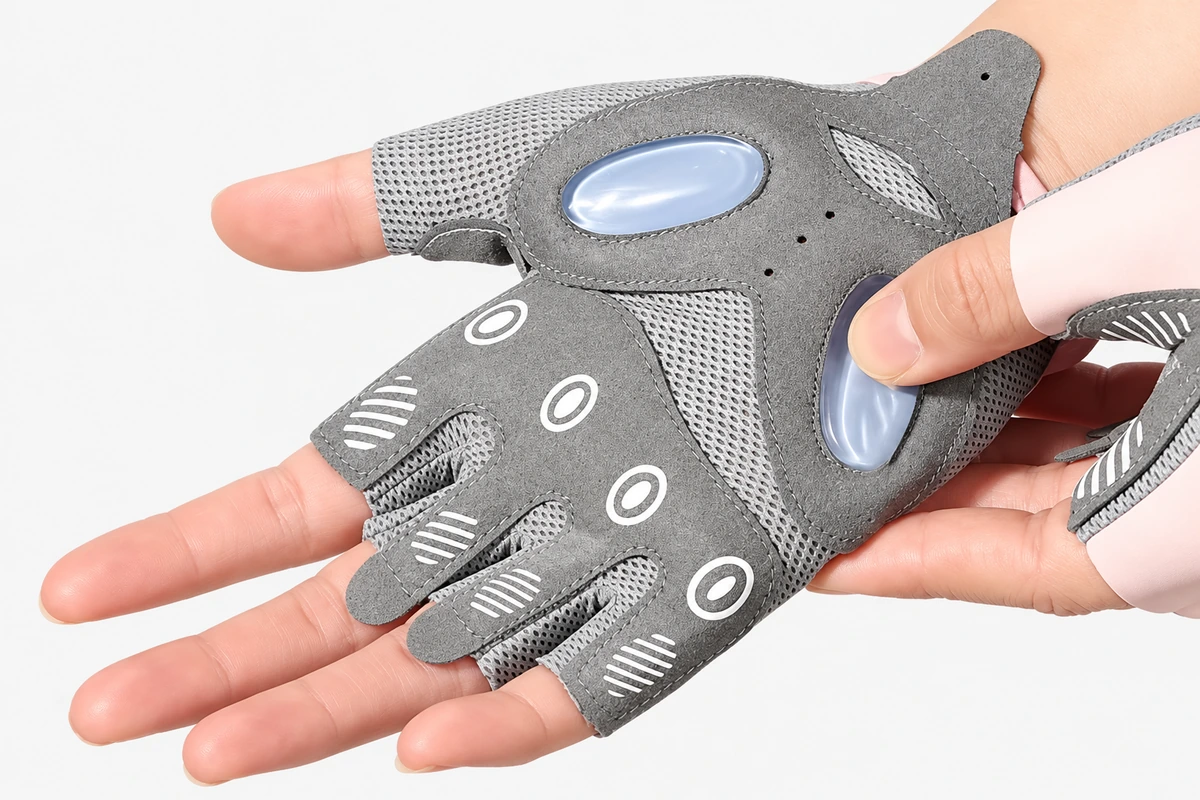 Gray glove palm with blue pads shown on a hand