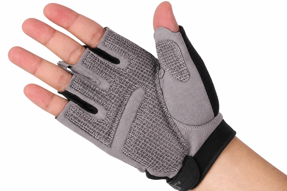 Gray half-finger glove worn with open fingertips