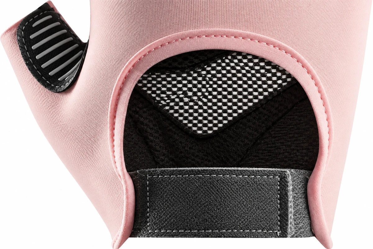 Black stitched wrist tab below an oval opening on a pink glove