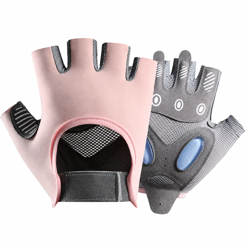 Pink and gray half-finger gloves with blue palm pads