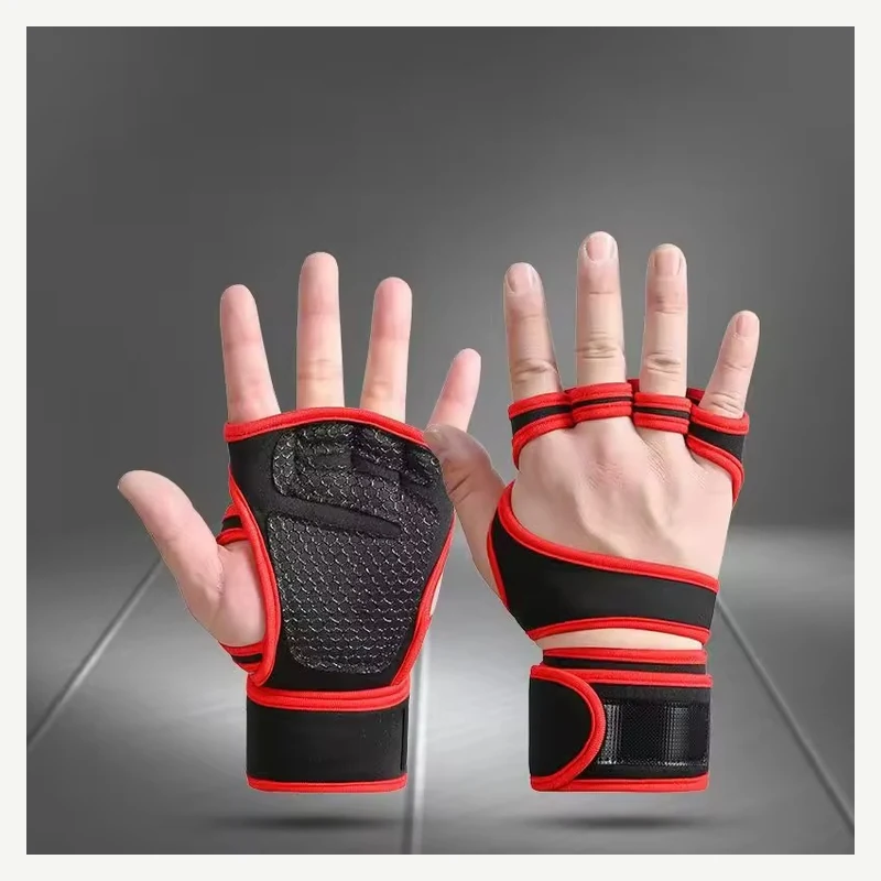 Red and black fitness gloves with wrist wraps