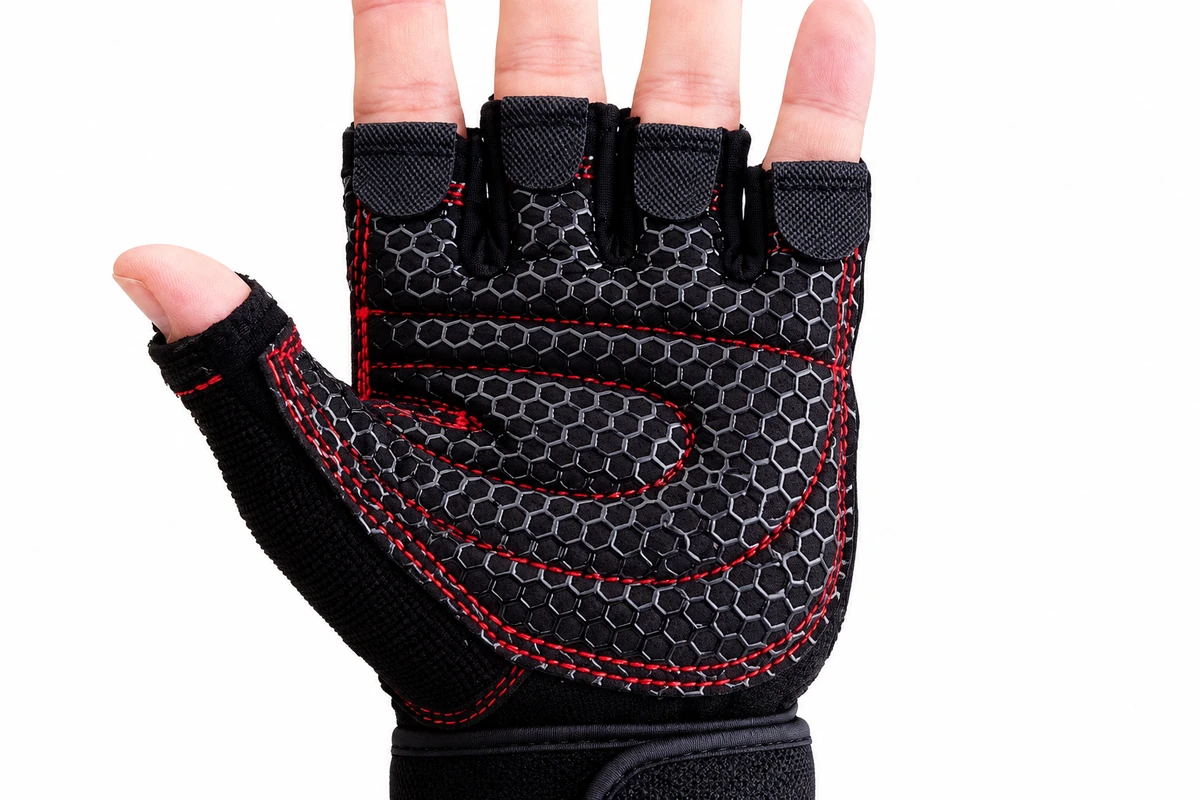 Red stitching outlining black glove palm pads