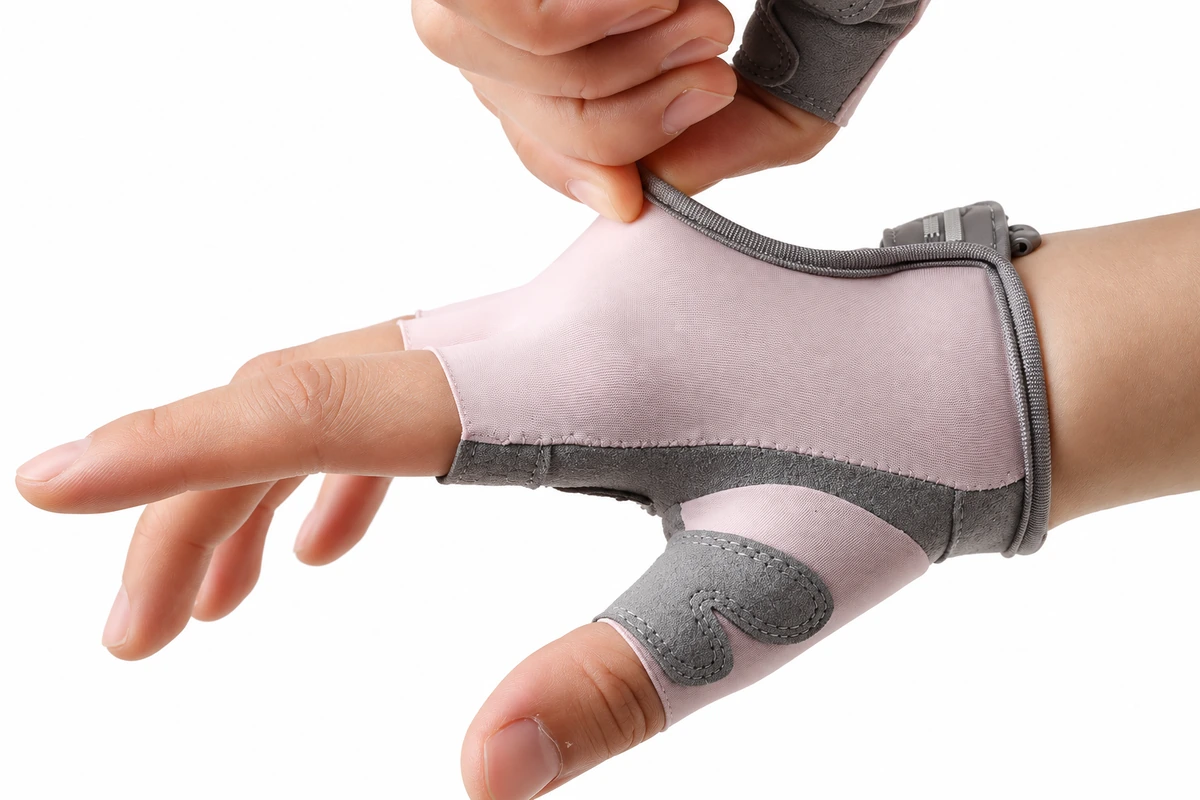 Seams joining thumb and back panels on a pale pink glove