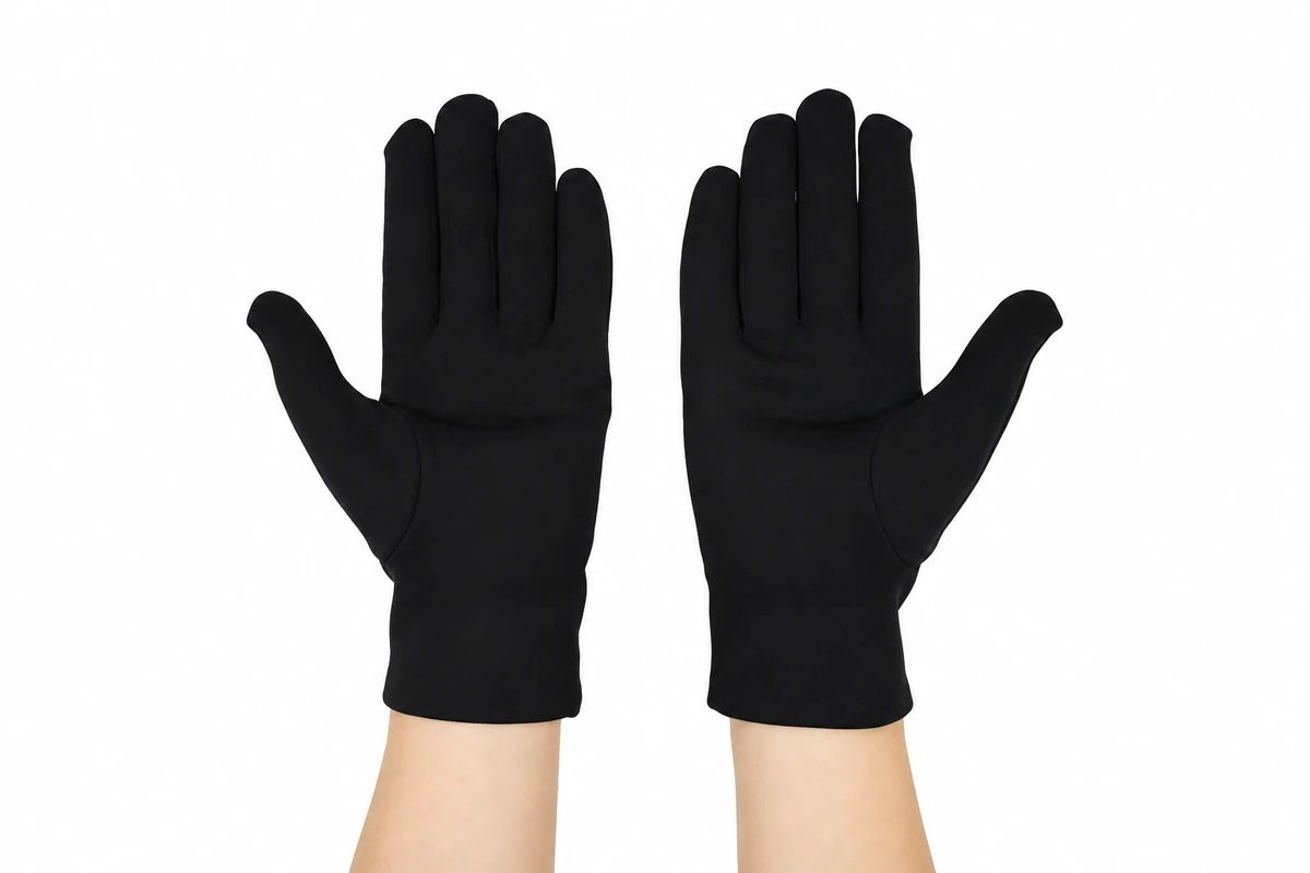 Black fleece gloves worn with both palms visible