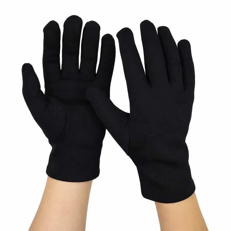 Black fleece gloves worn with palm and back visible