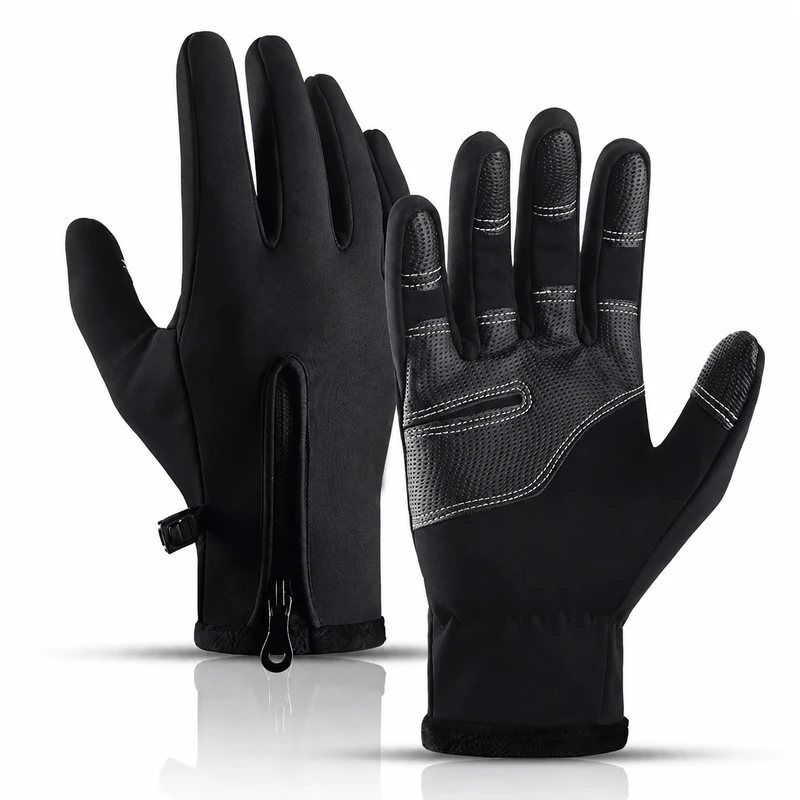Black gloves with a zippered back and textured palm panels