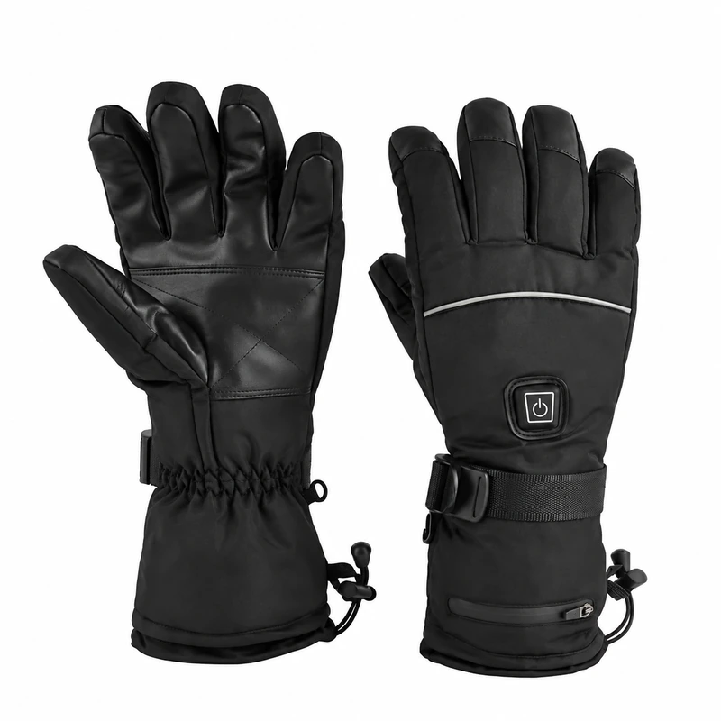 Black heated gloves with a power button and adjustable cuffs