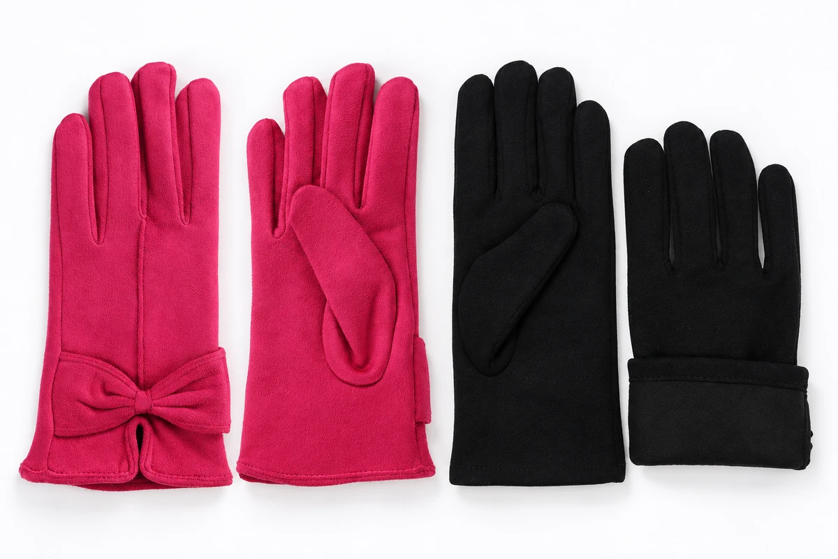 Pink and black fleece glove pairs with different cuff finishes