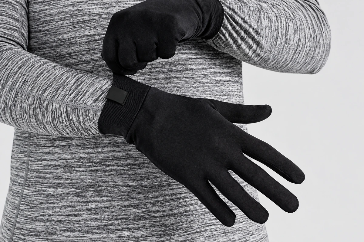 Black glove cuff being adjusted over a gray sleeve