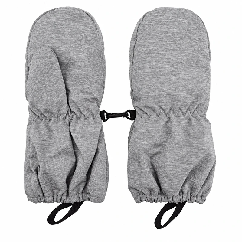 Gray winter mittens with gathered wrists and cuff loops