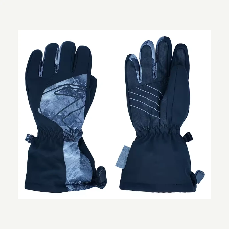 Navy winter gloves with patterned backs and long cuffs