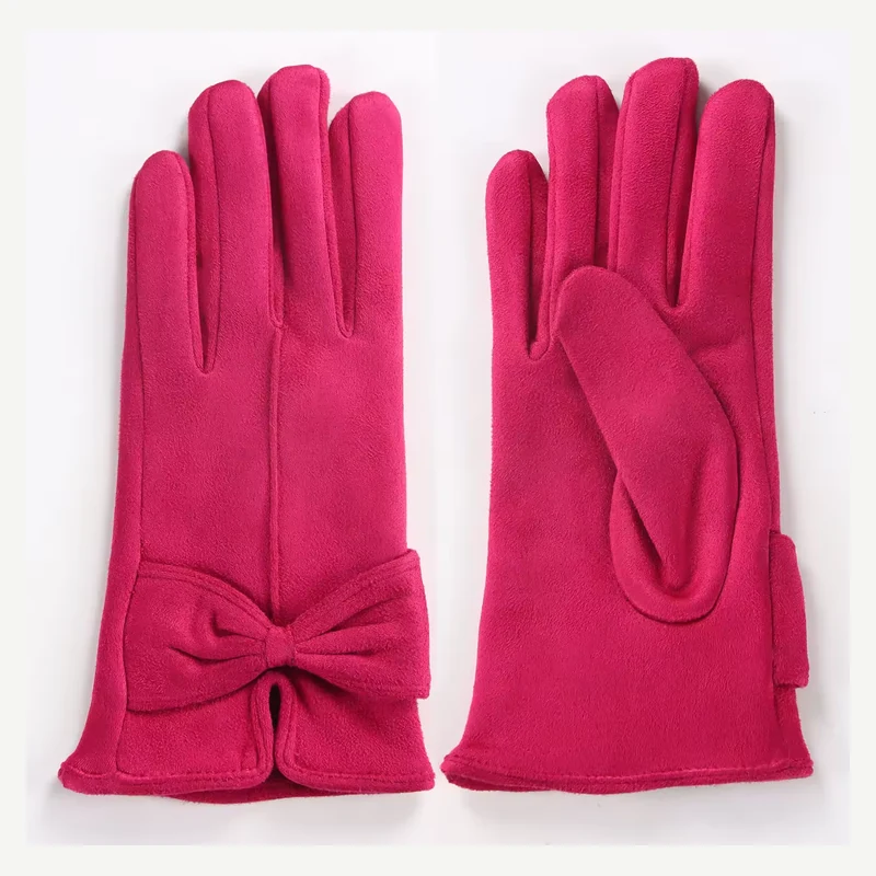Pink fleece gloves with decorative wrist detail