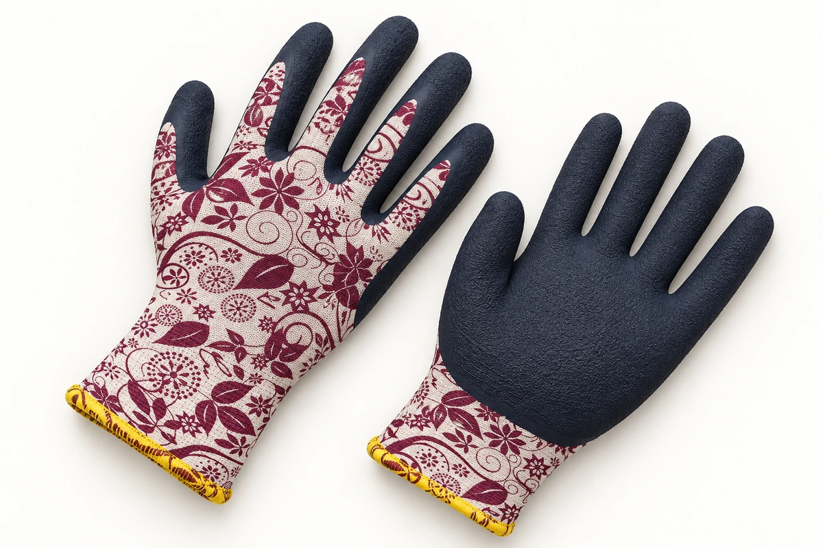 Floral garden glove pair showing a navy coated palm and printed back