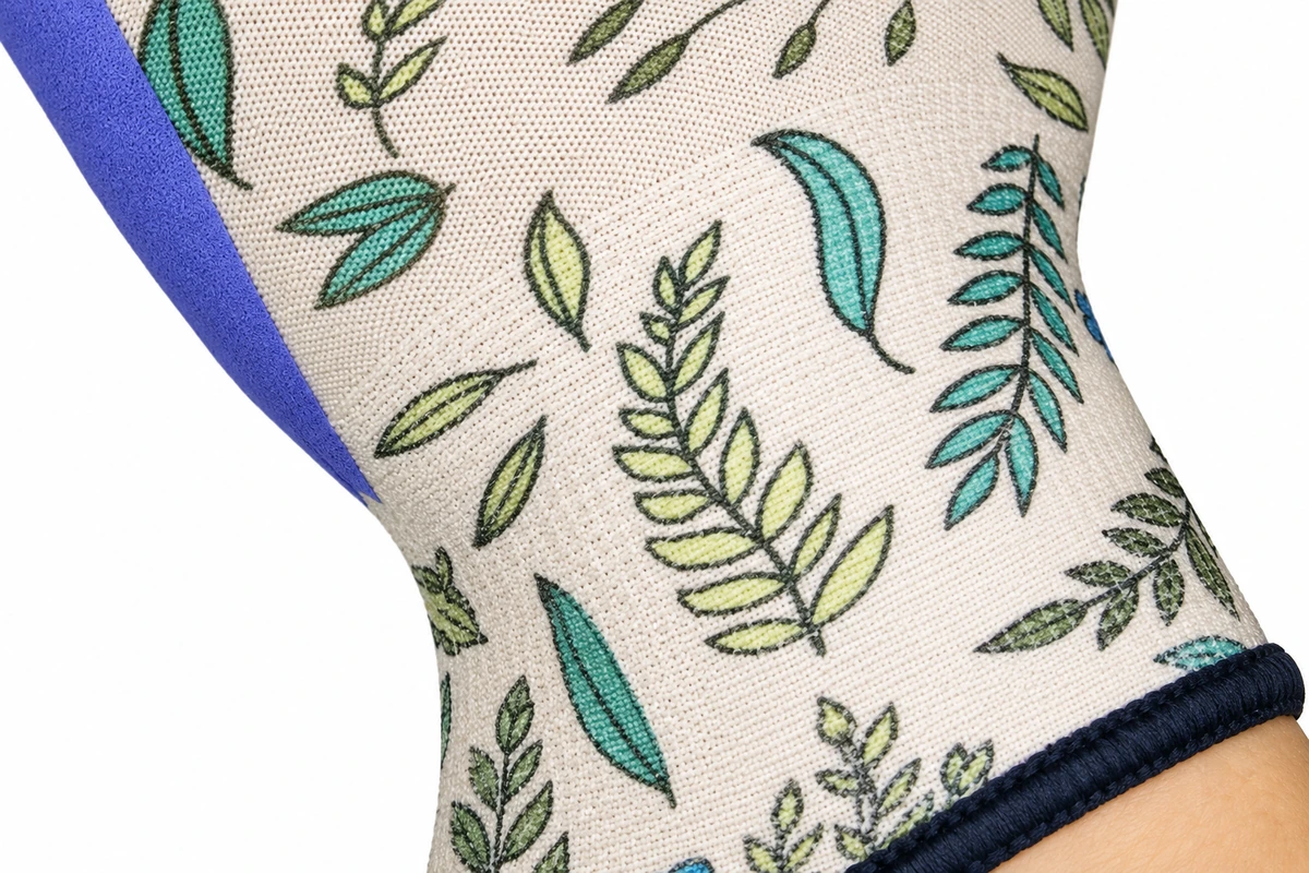 Botanical print on a textile glove near the cuff