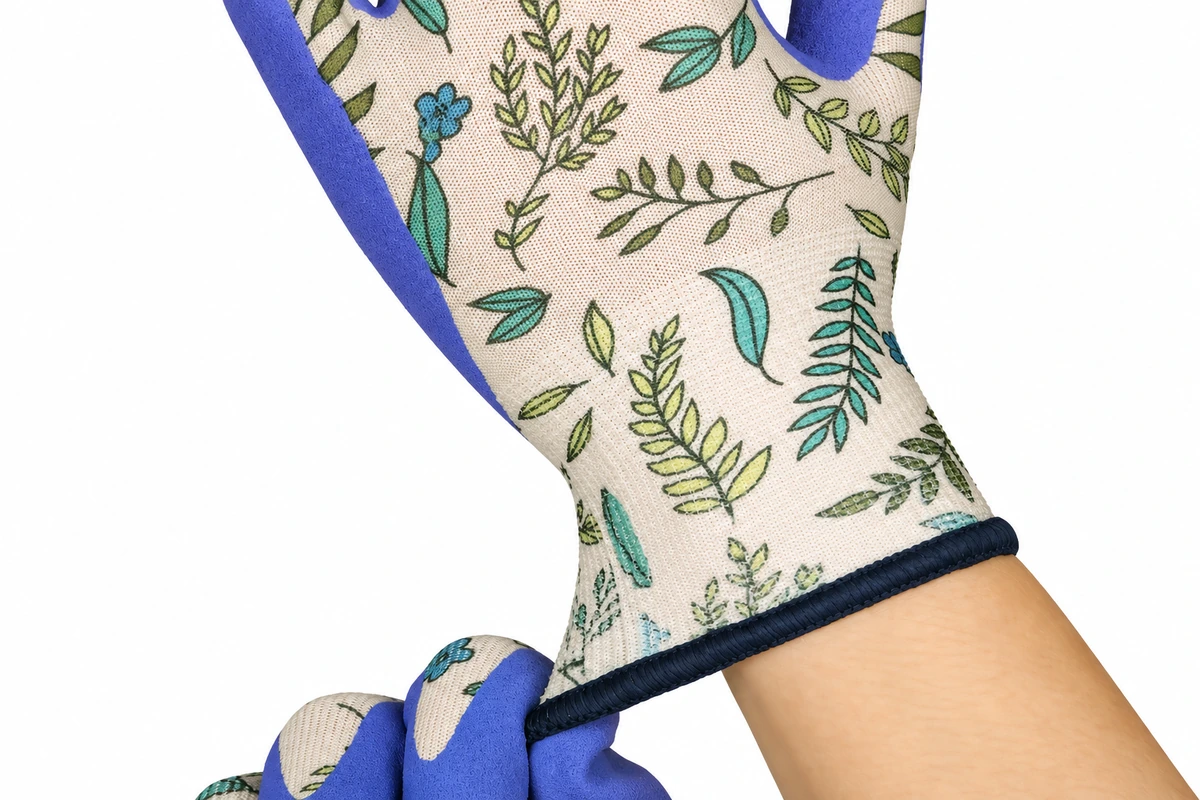 Gloved hand pulling the cuff of a botanical garden glove