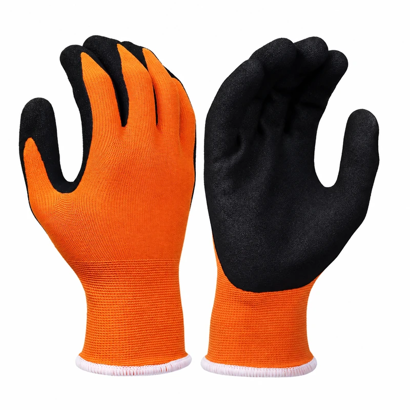 Orange knit gloves with black textured palms