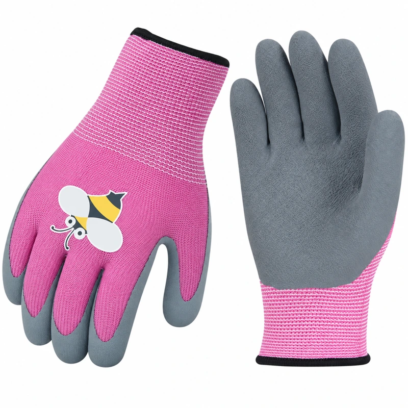 Pink children’s gloves showing bee artwork, gray palms and ribbed cuffs