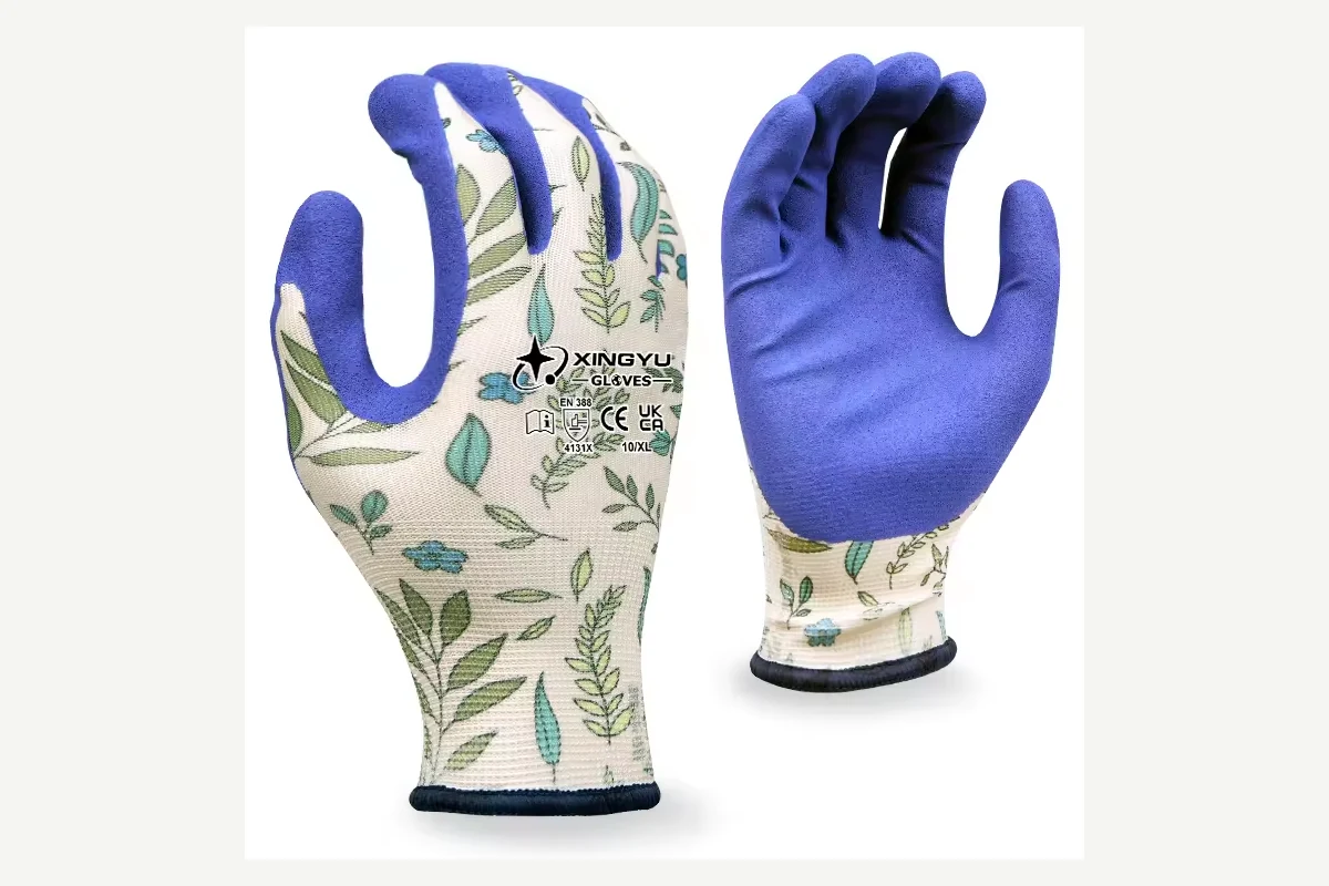 Purple floral garden gloves with coated grip palms