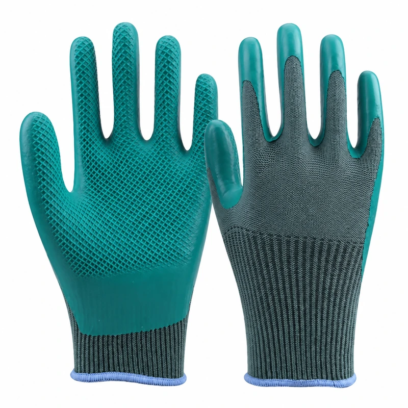Teal coated gloves showing textured palm and knit back