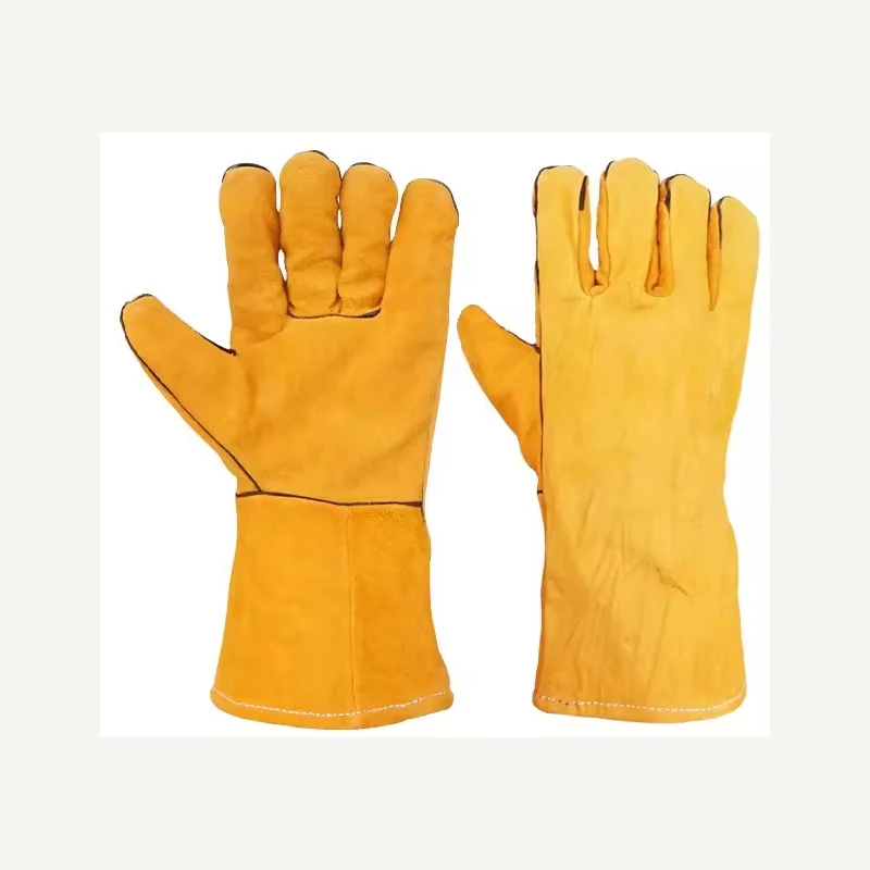 Yellow cowhide gauntlet gloves displayed as a pair
