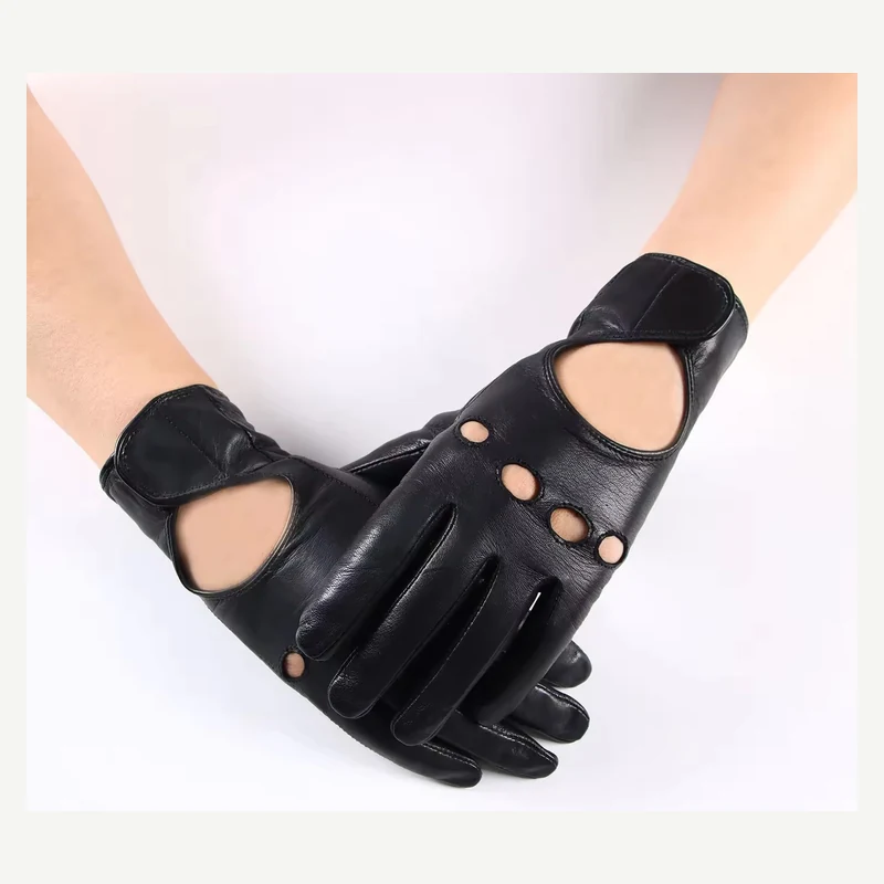 Black fingerless leather driving gloves worn as a pair