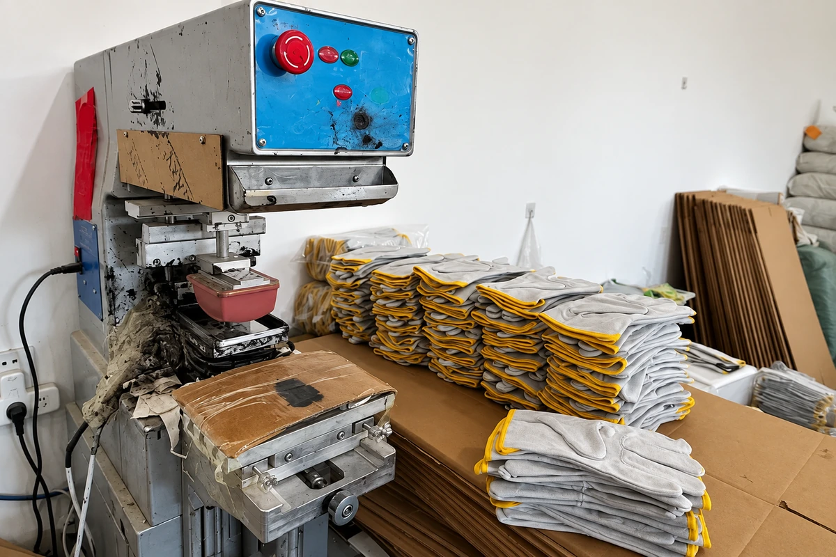 Glove printing machine with stacked gray and yellow gloves