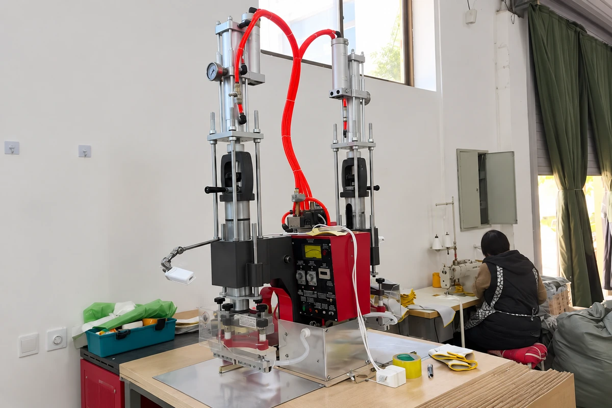 Pneumatic presses beside a glove sewing workstation