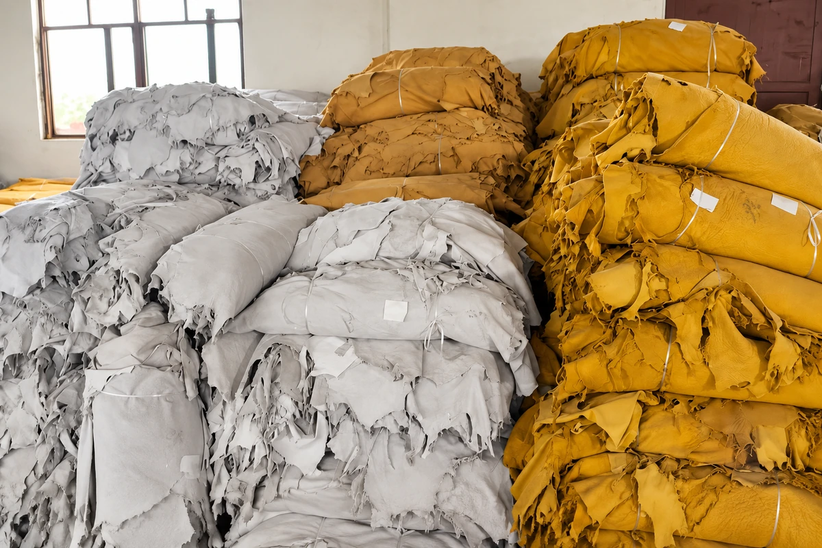 Bundles of white, tan and yellow leather in storage