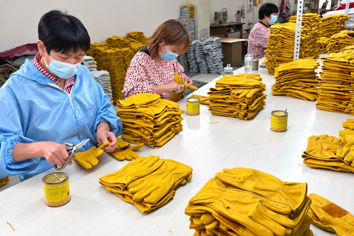 Workers trimming loose threads on leather gloves at a sorting table