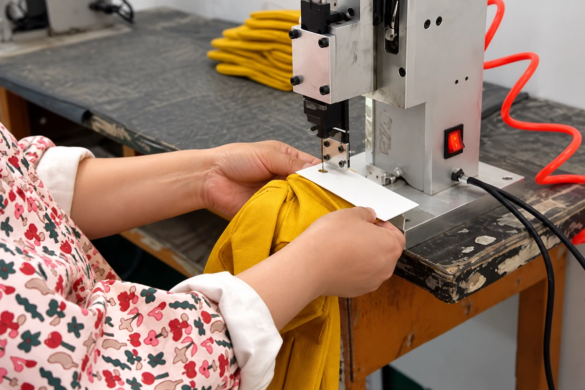 Worker attaching a hang card to yellow leather gloves