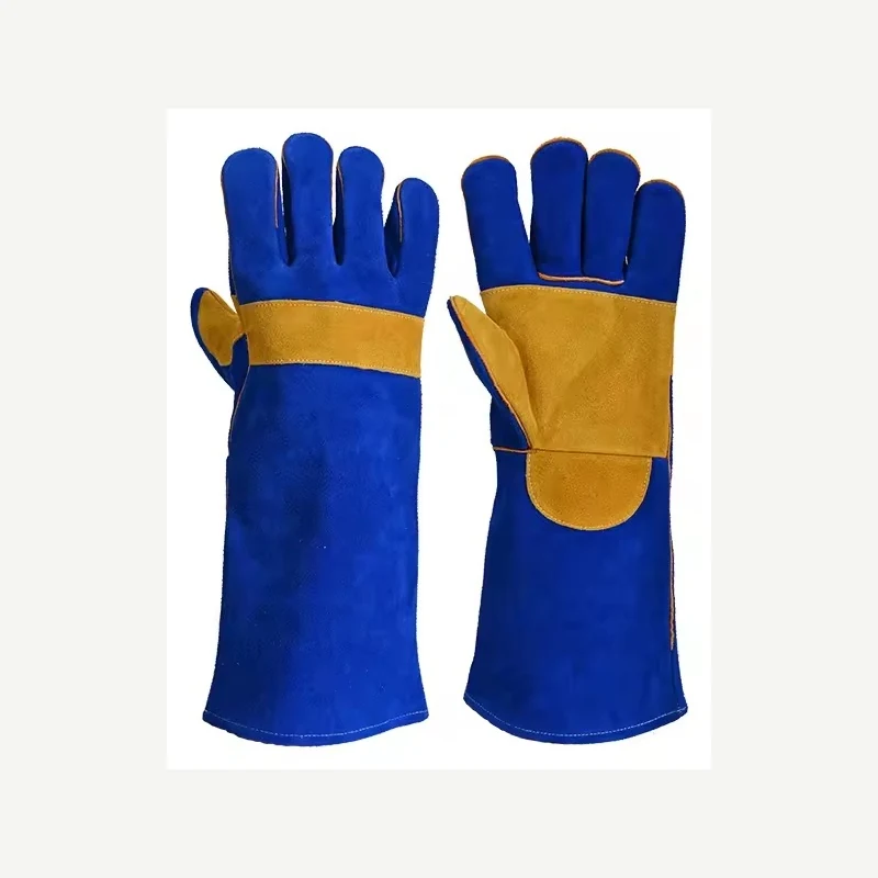 Blue and yellow leather welding gauntlets displayed as a pair
