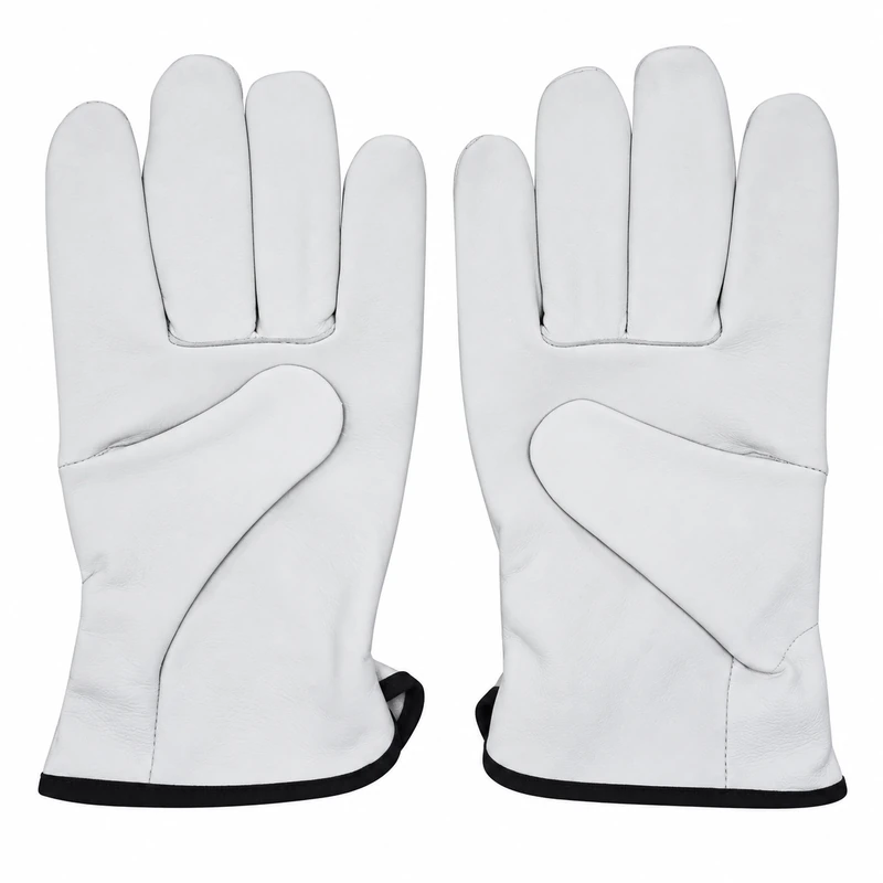 Palm view of white leather gloves with curved thumb seams