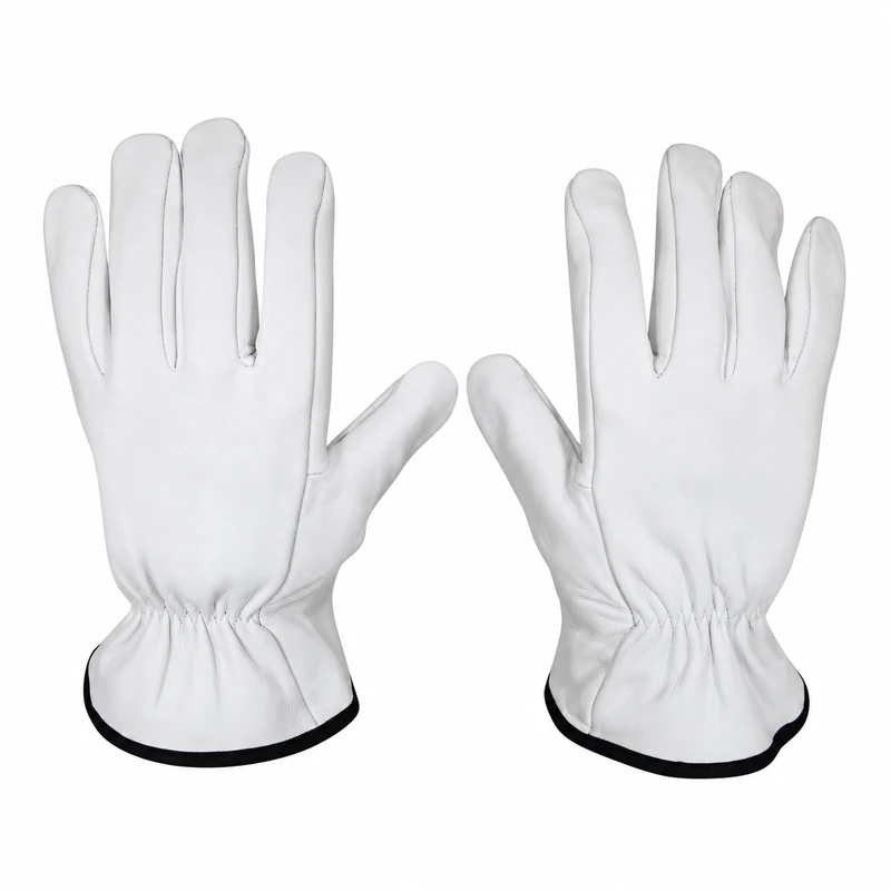 White leather gloves worn with fingers spread