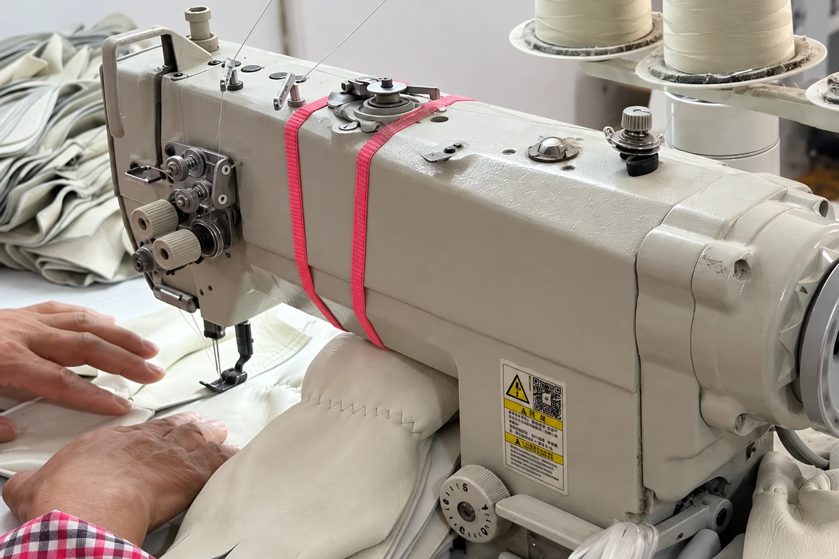 Hands guiding white leather glove panels through a sewing machine