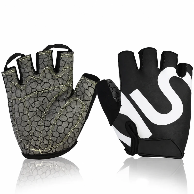 Black and white half-finger fitness gloves with patterned palms