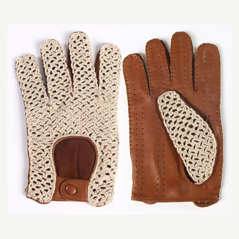 Driving gloves showing beige crochet backs and brown leather palms