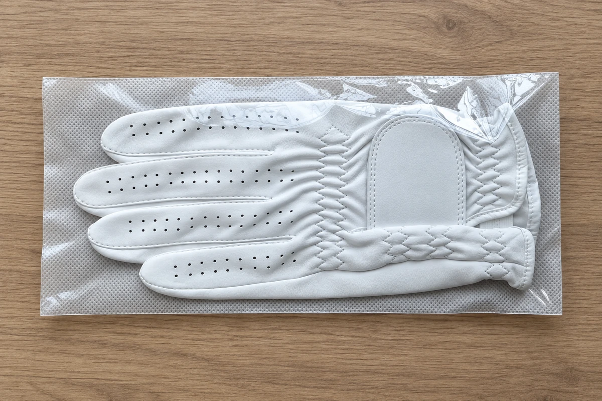 White golf glove inside a clear plastic bag on a wood surface