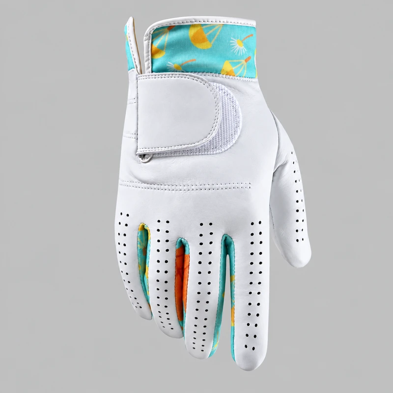 White golf glove with multicolor finger inserts and cuff