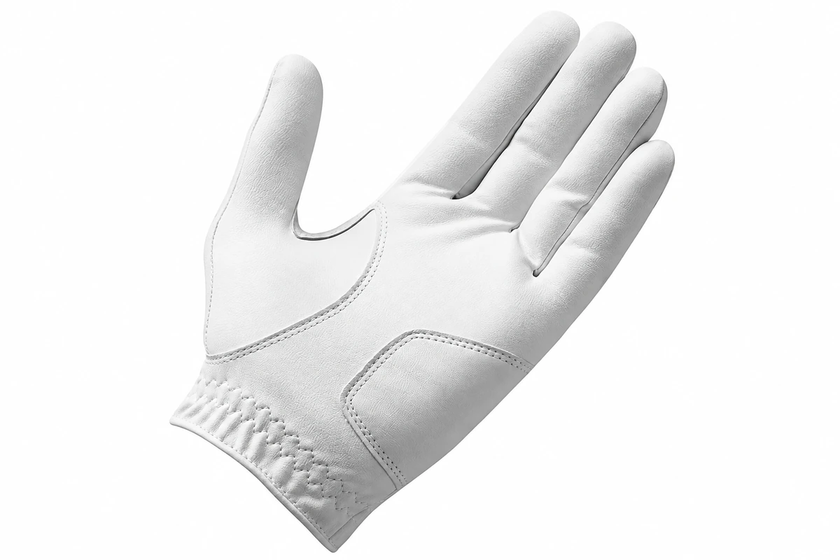 White golf glove showing palm panel and thumb seam
