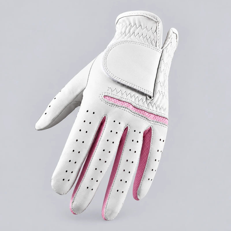 White golf glove with pink finger inserts