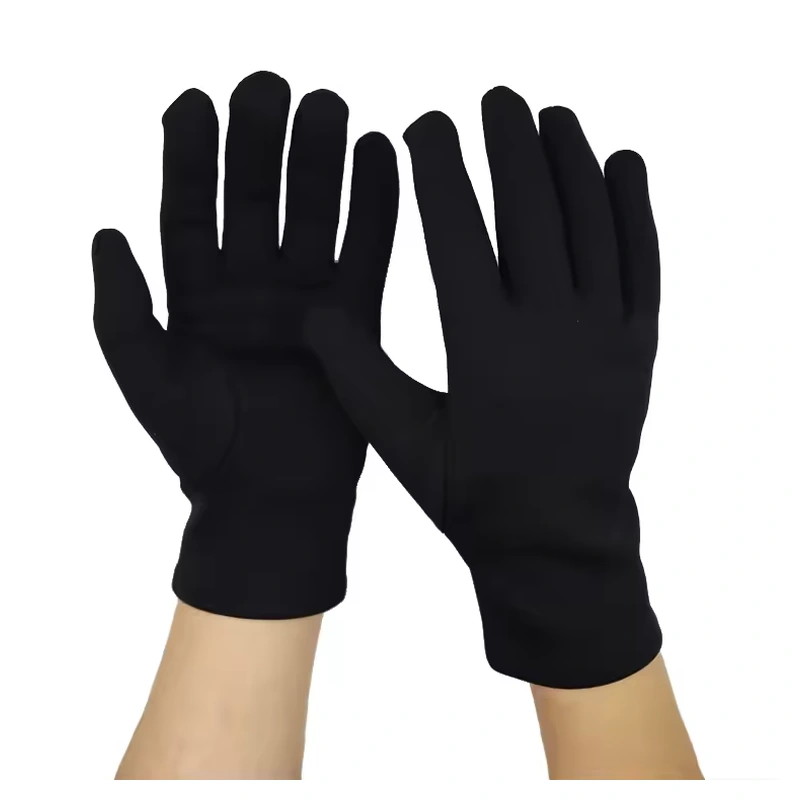 Black fleece gloves worn with one palm and one back facing forward