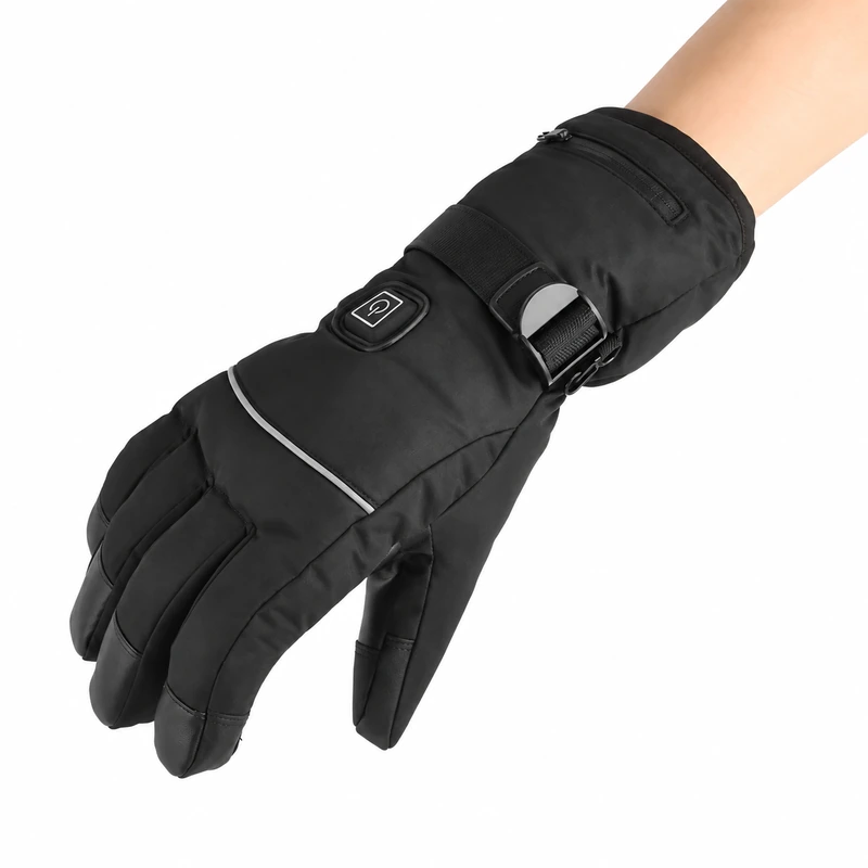 Black heated glove worn with a visible wrist strap and control button
