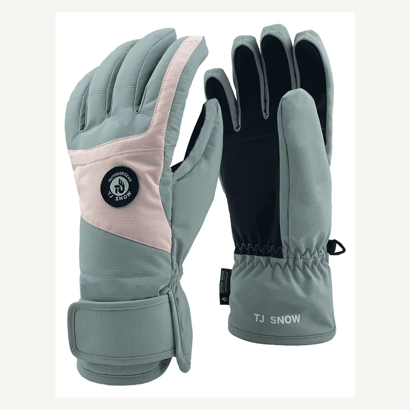 Gray and pale pink full-finger gloves showing palm and back