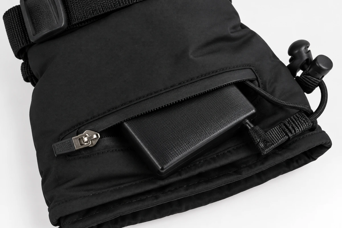Rectangular battery pack partly inserted in a glove cuff pocket