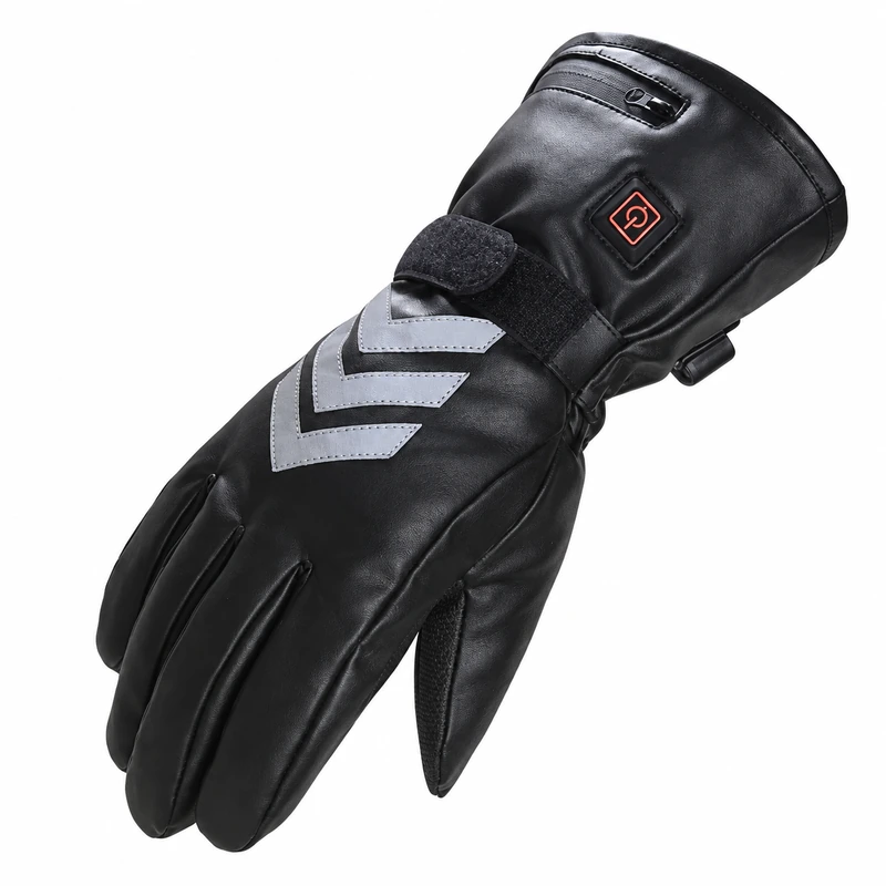 Black heated glove with silver chevrons and a cuff control